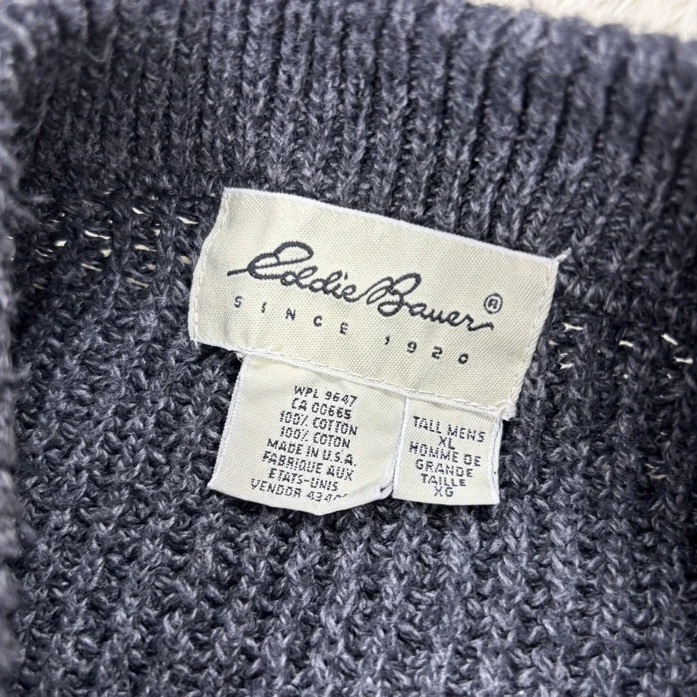 Vintage Eddie Bauer Men's XL Tall Gray Henley Neck Sweater 100% Cotton Gorpcore - Picture 3 of 5
